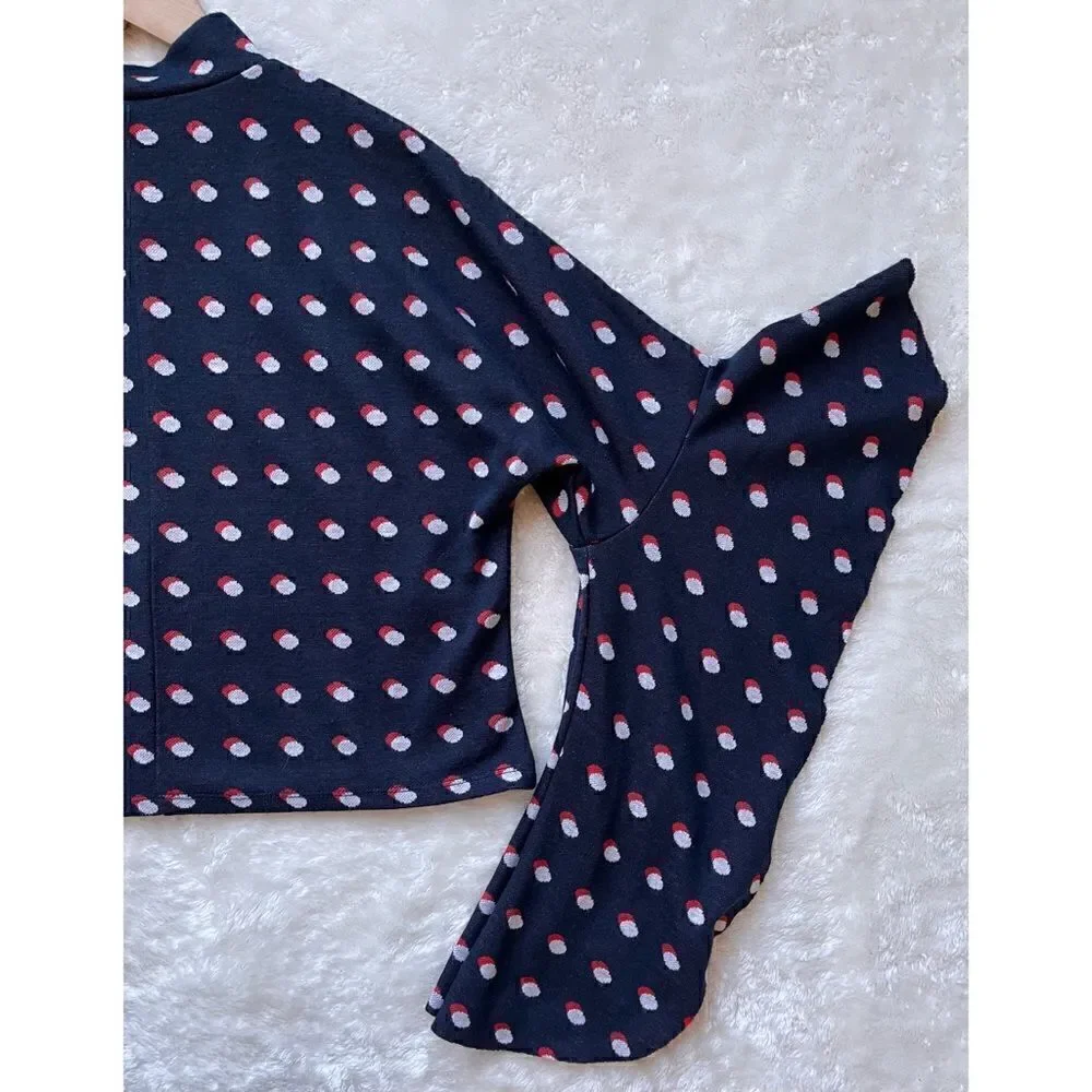 BCBGeneration Blue, Red & White Polka Dot Flutter Sleeves Mock Neck Crop Top